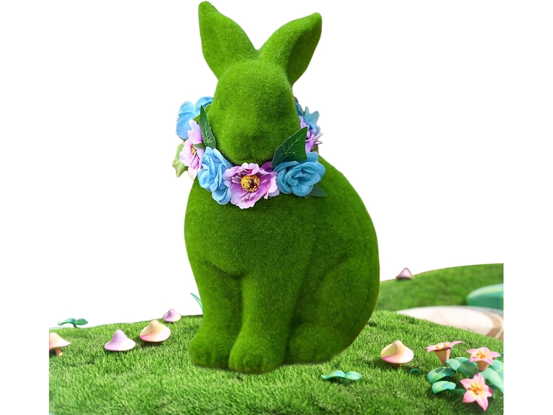 Figura De Conejito De Pascua - Decoración 3d De Resina Verde Con Corona De Flores Para El Hogar Y El Jardín -