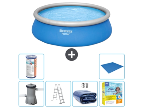 Piscina Hinchable Redonda Fast Set BESTWAY - 457 x 122 cm - Azul - Incluida Bomba - Escalera Vela solar - Paquete de mantenimiento - Filtrar - Suelo