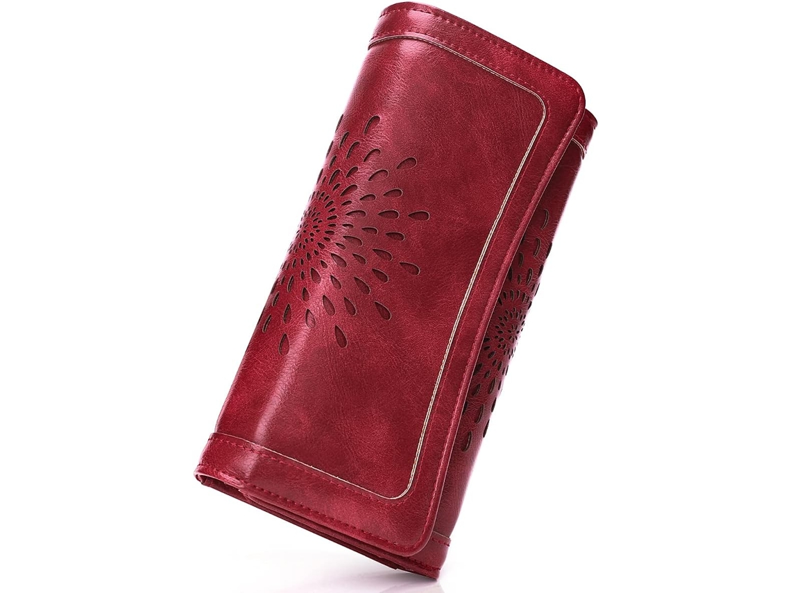 Cartera De Mujer Trifold De Gran Capacidad En Cuero - Tres Pliegues - Burdeos