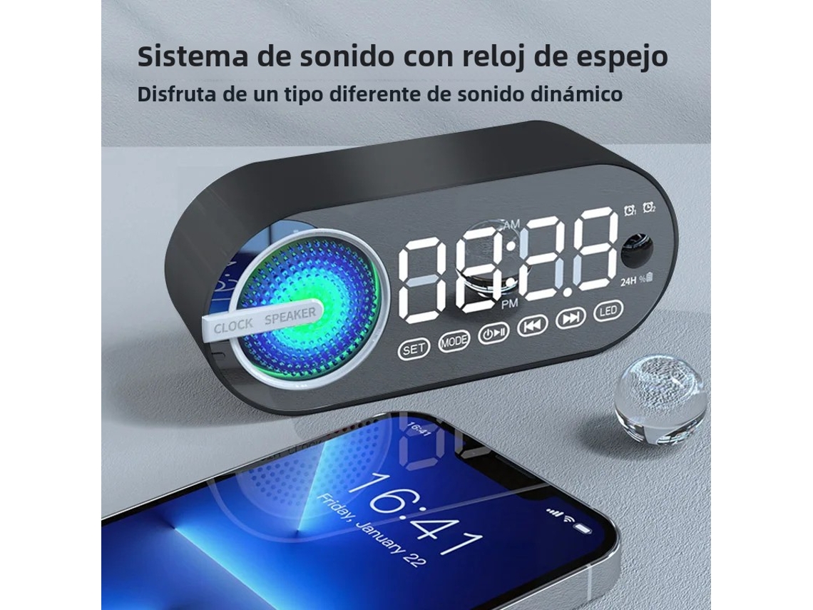 Radio reloj portátil con altavoz y Bluetooth, recargable por USB y RGB, Mdug (negro)