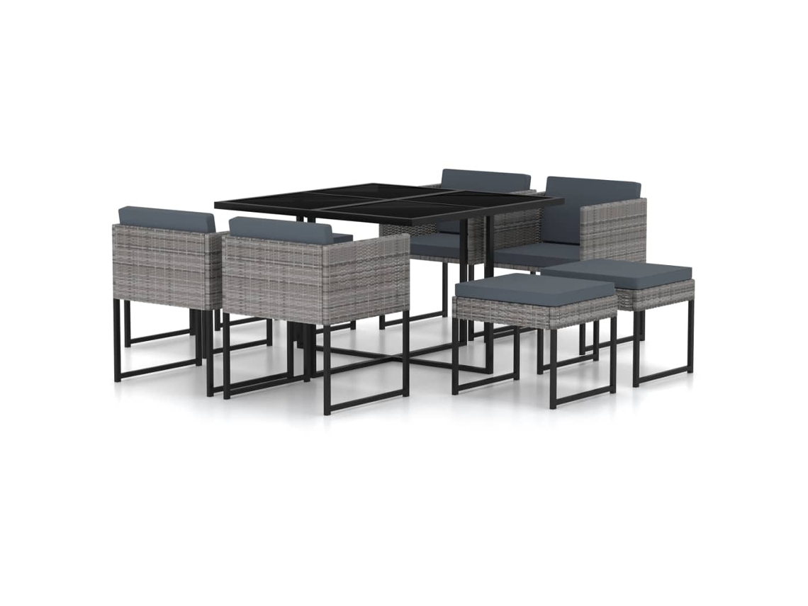 9 Pcs Conjunto Jantar P/ Jardim C/ Almofadões Vime Pe Cinzento Dkd Decoración Del Hogar