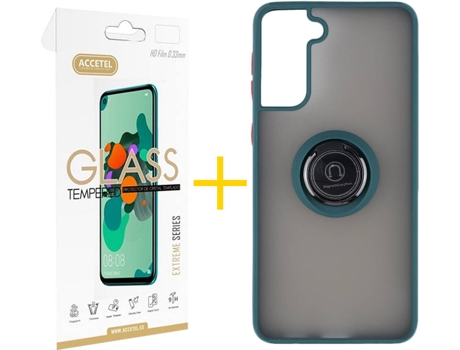 Carcasa y Protector de Pantalla de Vidrio Samgung S21 Plus ACCETEL Gel Bumper Ring Verde