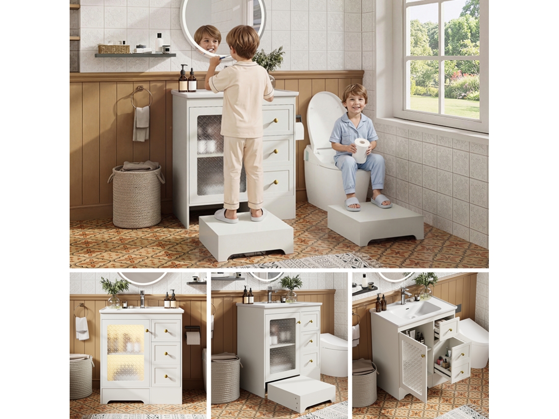 Mueble Baño Con Lavabo Led, Gran Almacenaje Y Vidrio En Relieve - Blanco