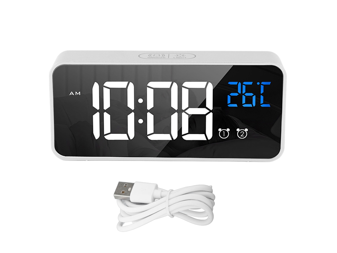 2026-reloj Despertador Led Espejo Recargable Con 2 Alarmas Activado Por Voz Digital Para Dormitorio Mesa Noche Plata