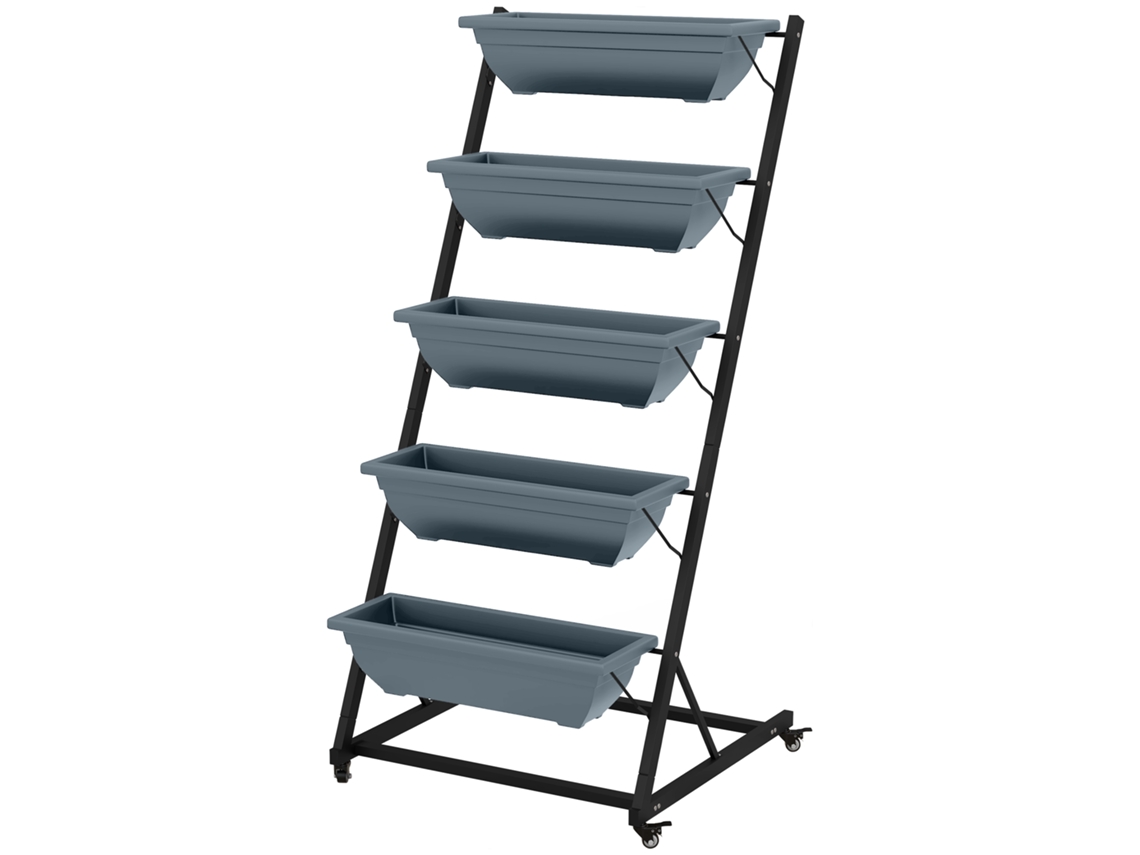 Soporte Para Plantas De 5 Niveles Con Ruedas Y Agujeros, Color Gris.