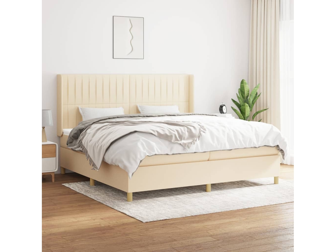 Cama Box Spring Con Colchón Tela Color Crema 200x200 Cm