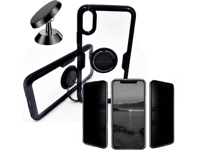 Kit Funda, Protector Privacy y Soporte Magnetico Auto iPhone XS Max Clear Armor Negro