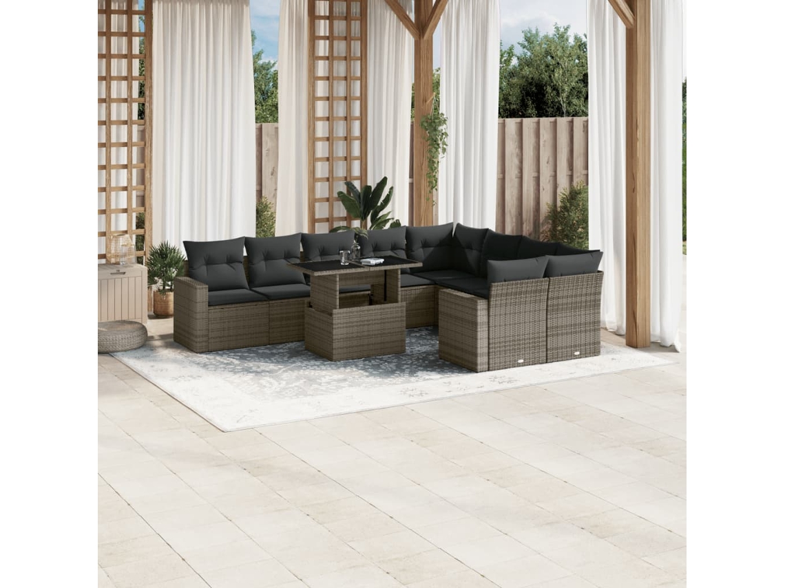 Conjunto de sofá de jardín de 10 piezas con cojines, ratán gris, DKD Home Decor