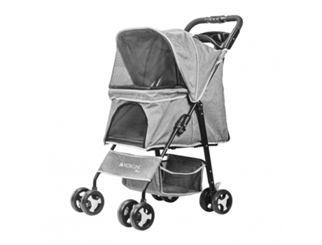 Carrito para perros Plegable MOBICLINIC Ruedas con freno y 360º 3 accesos Con toldo Cesta almacenaje y portavasos Gris