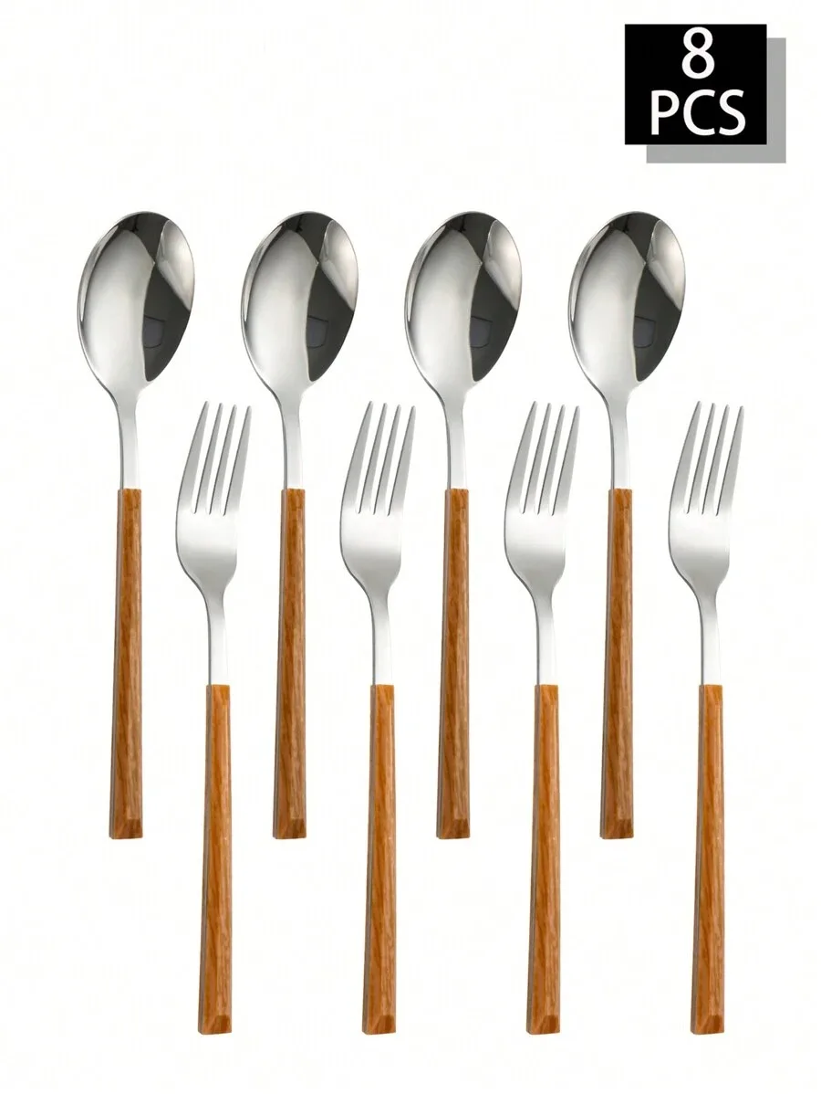 Juego de cubiertos de acero inoxidable, con tenedor y cuchara con mango de imitación madera. MDUG (8 piezas)
