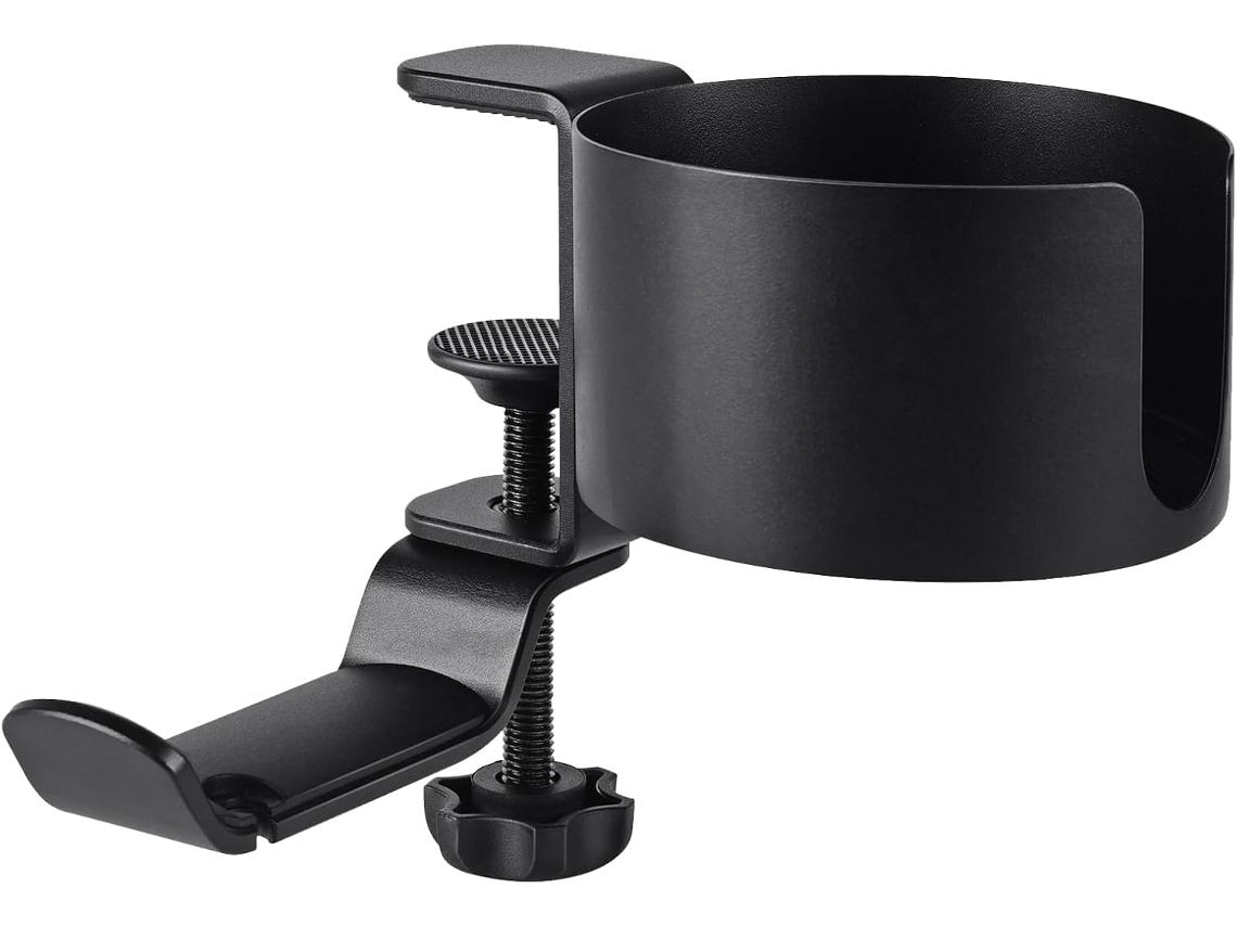 Soporte De Escritorio 2 En 1 Para Vasos Y Auriculares, Con Abrazadera Giratoria Sin Necesidad De Taladrar.