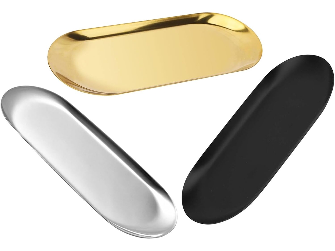 Bandeja ovalada de acero inoxidable para joyas, juego organizador de baño de 3 piezas, negro y dorado.