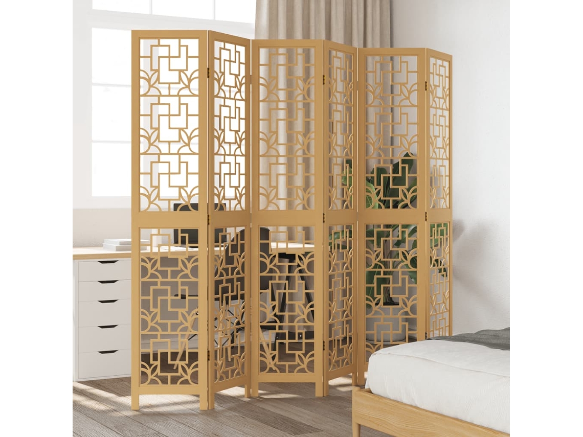 Separador de ambientes | Biombo de privacidad con 6 paneles, madera maciza de paulownia marrón.