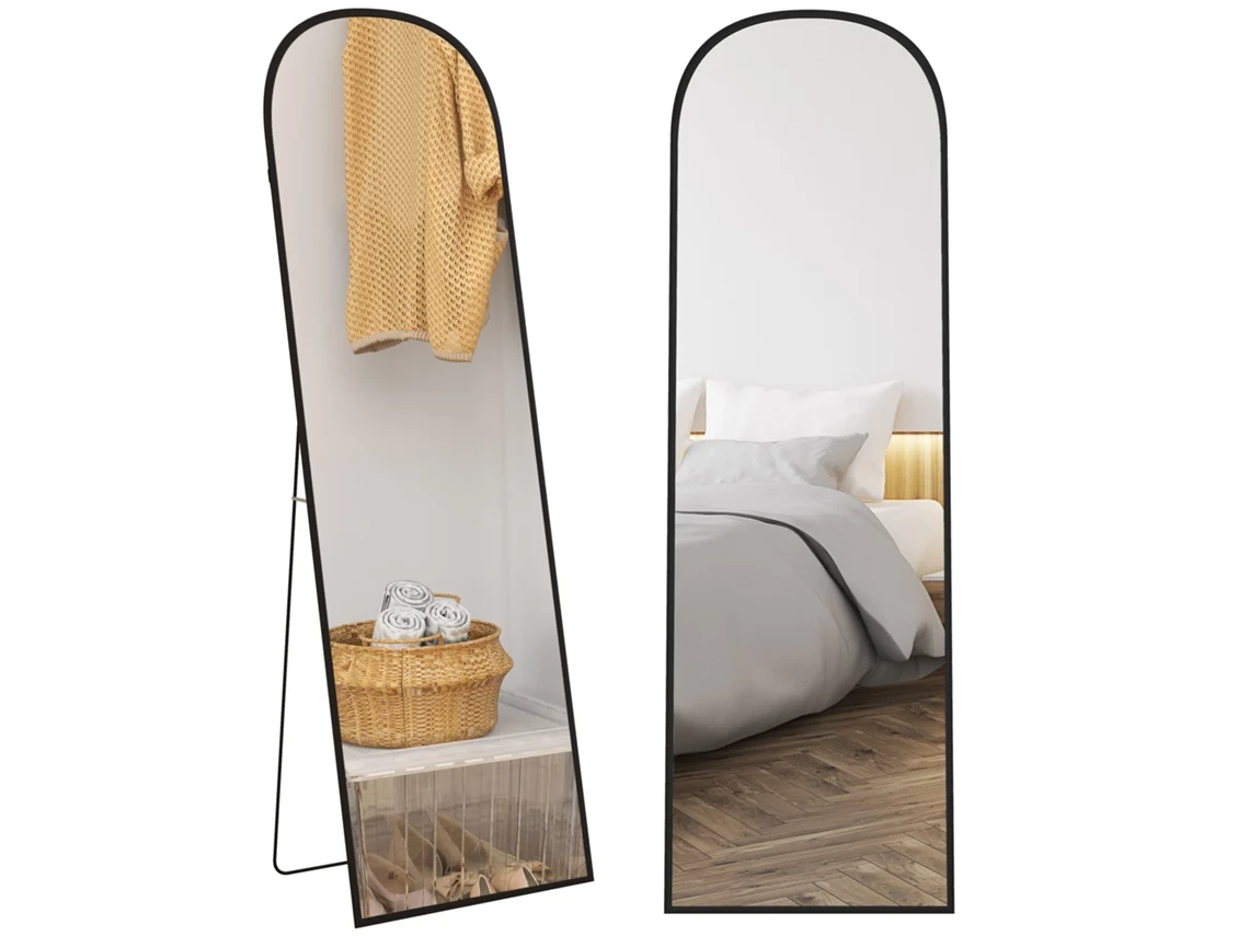 Espejo De Pie Rectangular Redondeado Con Marco De Aluminio Y Soporte Para Recibidor, Dormitorio O Vestidor, 50 X 161,5 Cm, Negro.