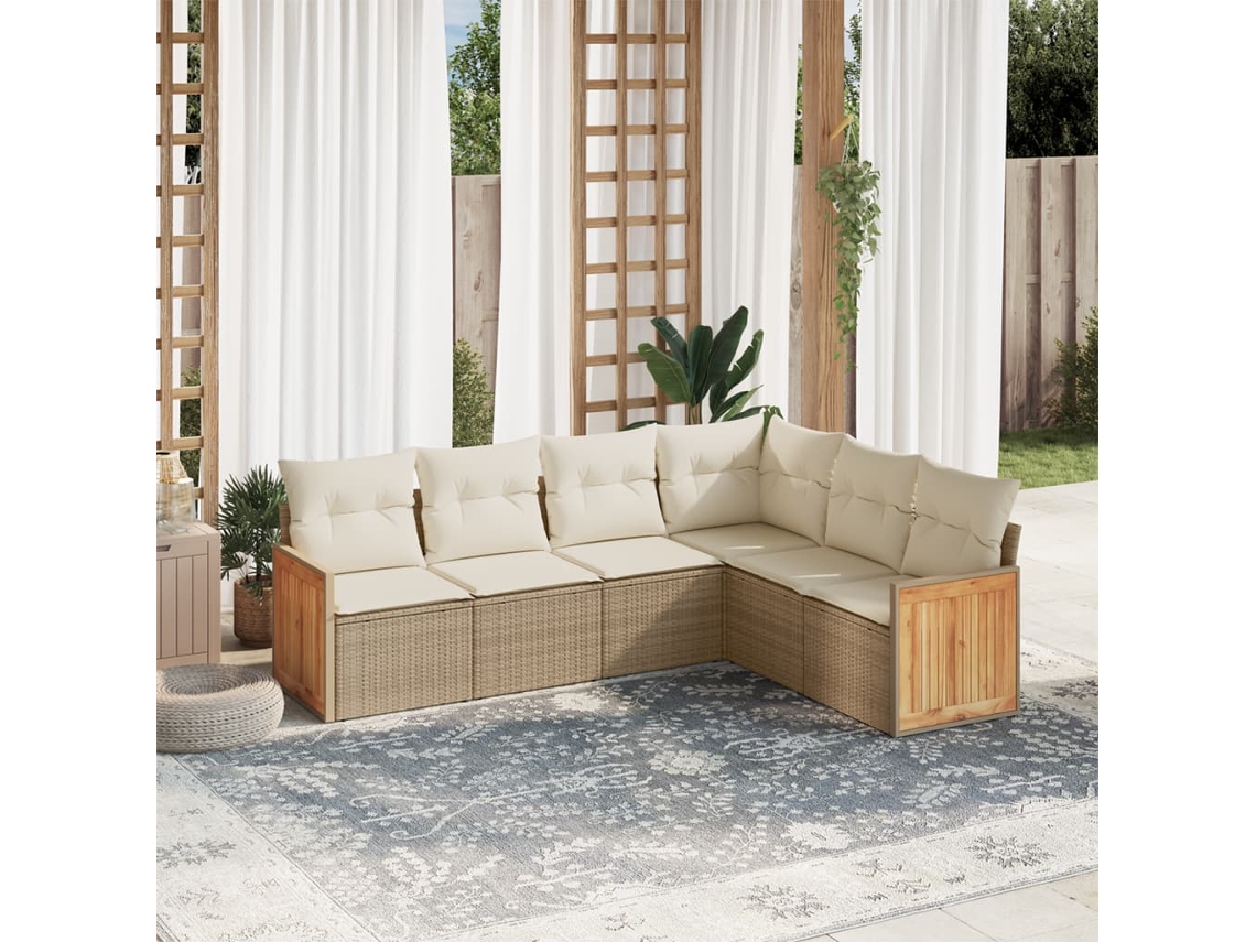 Conjunto de sofá de jardín de 6 piezas con cojines, mimbre sintético beige, Dkd Home Decor