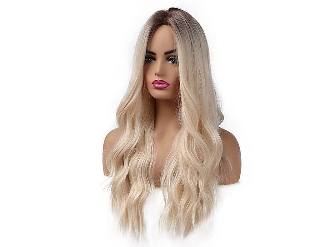 Impresionante peluca rubia, larga, sintética, ondulada y resistente al calor, perfecta para fiestas de cosplay y fácil de peinar.