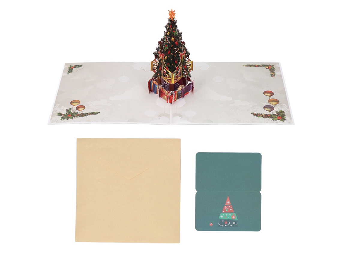 Tarjeta navideña 3D con diseño de árbol y sobre.