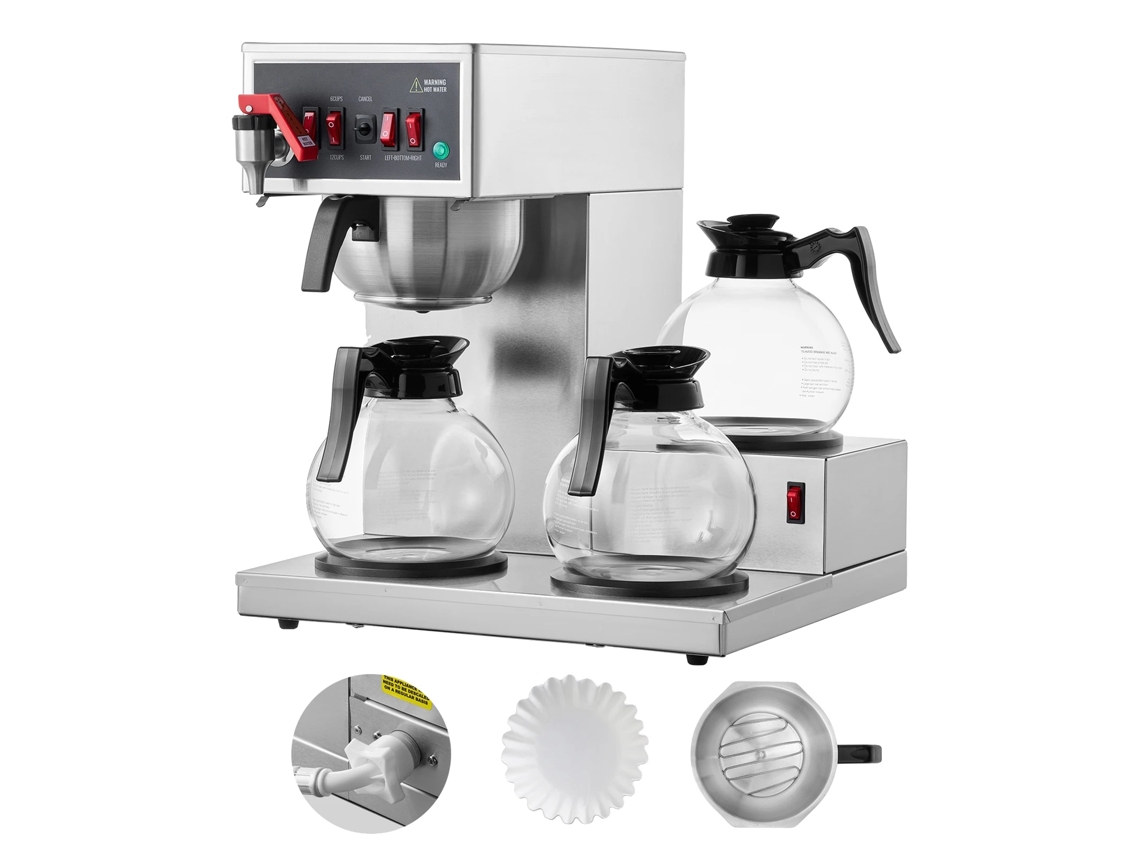 Cafetera con capacidad para 12 tazas, fabricada en acero inoxidable 304, apta para uso comercial, prepara el café en 6 minutos e incluye 3 jarras de vidrio.