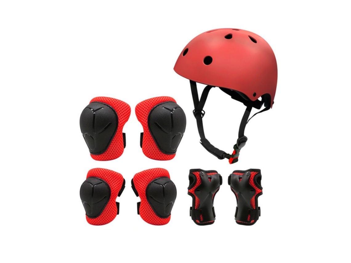 Kit de protección infantil 7 en 1 con casco, talla S, color rojo.