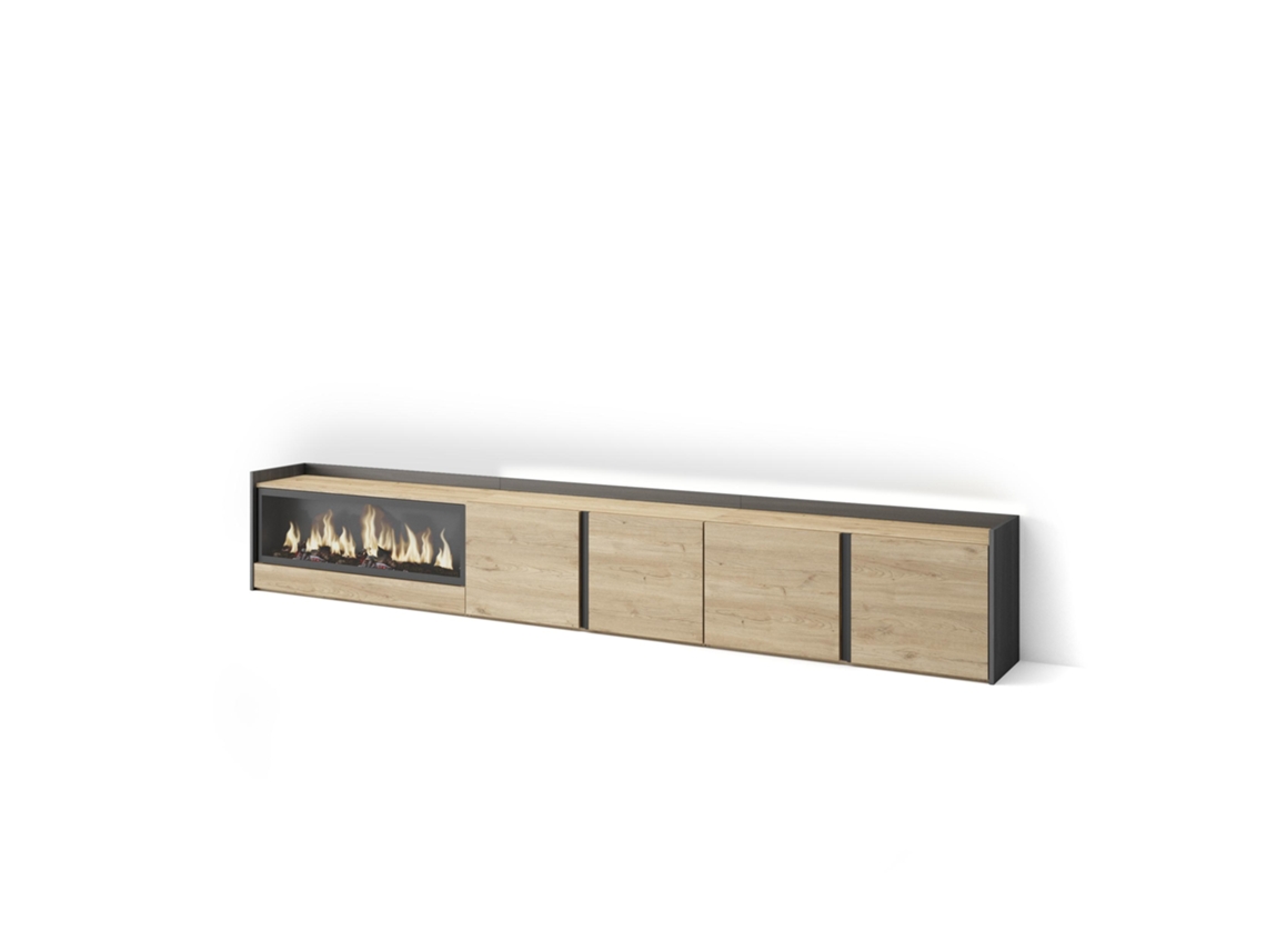 Mueble Tv, Televisión, 315x35x50cm, Para Tv Hasta 80", Chimenea Eléctrica Xxl, Led, Roble Y Negro