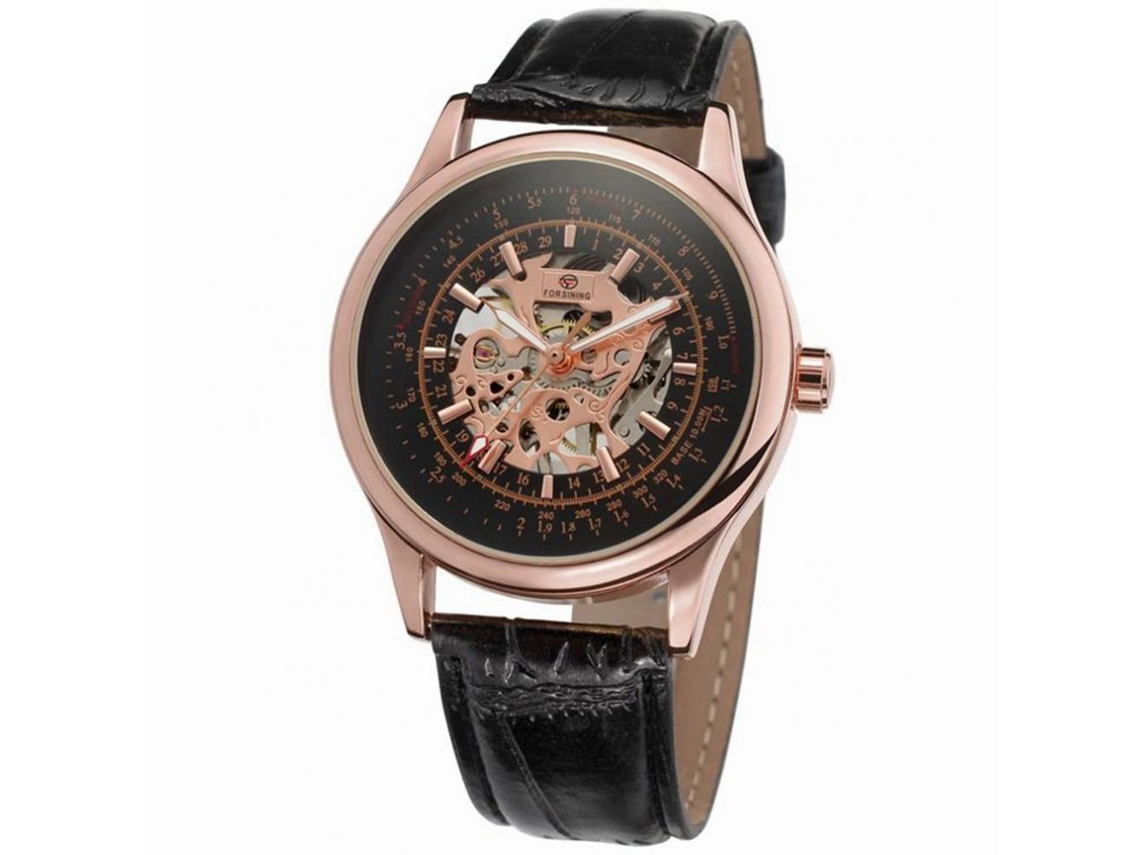 Reloj Mecánico Automático Forsining Con Correa De Cuero Pu Resistente Al Agua (dial Negro Caja Oro Rosa)