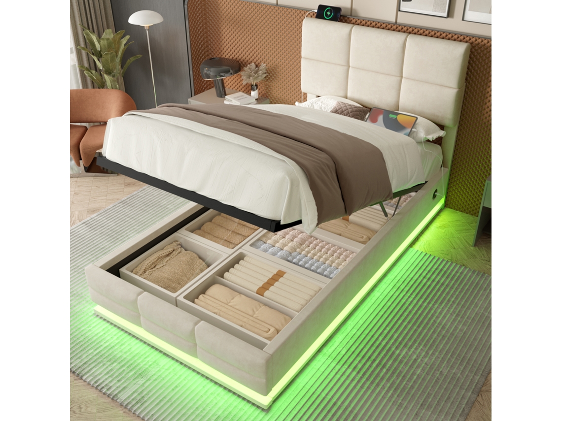 Cama Tapizada 90x200 Cm Terciopelo Beige, Cabecero Ajustable, Usb Y Usb-c, Led, Almacenamiento Hidráulico Extragrande, Colchón No Incluido.