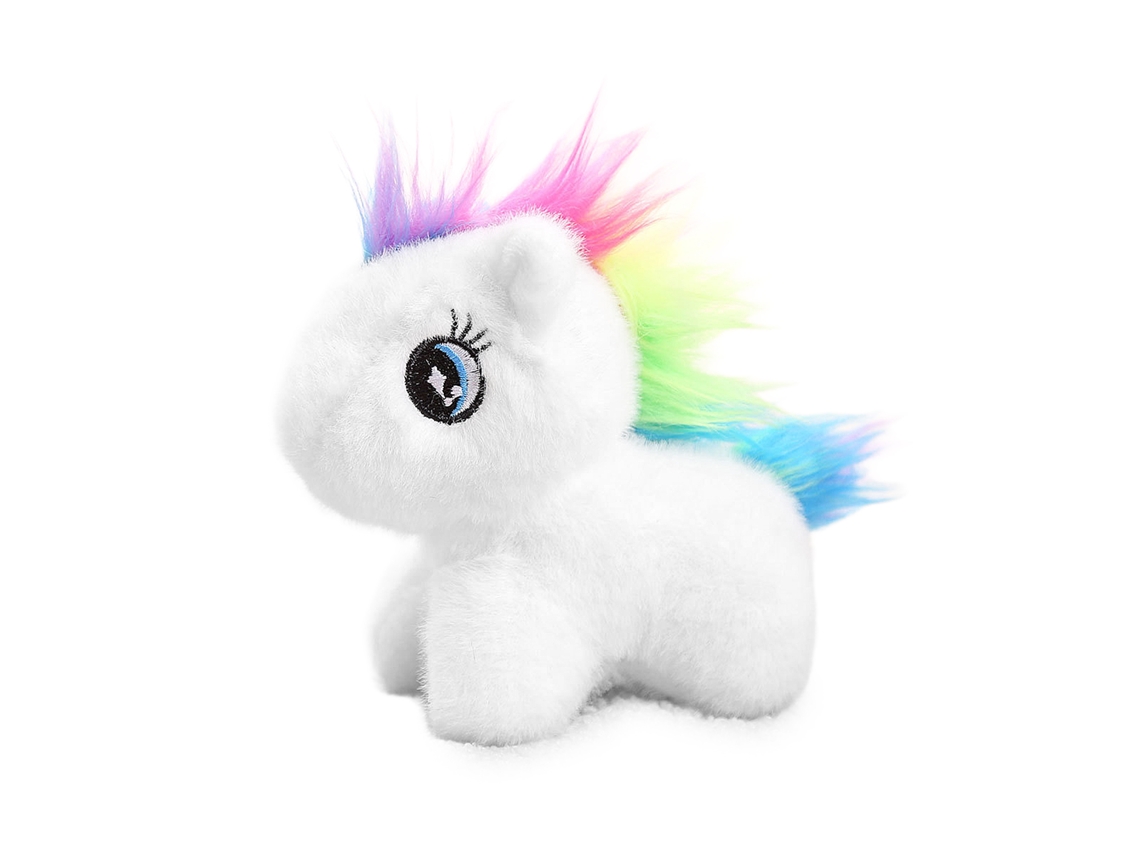 Peluche extra suave y esponjoso con colgante. Diseño de poni colorido. 13 cm.