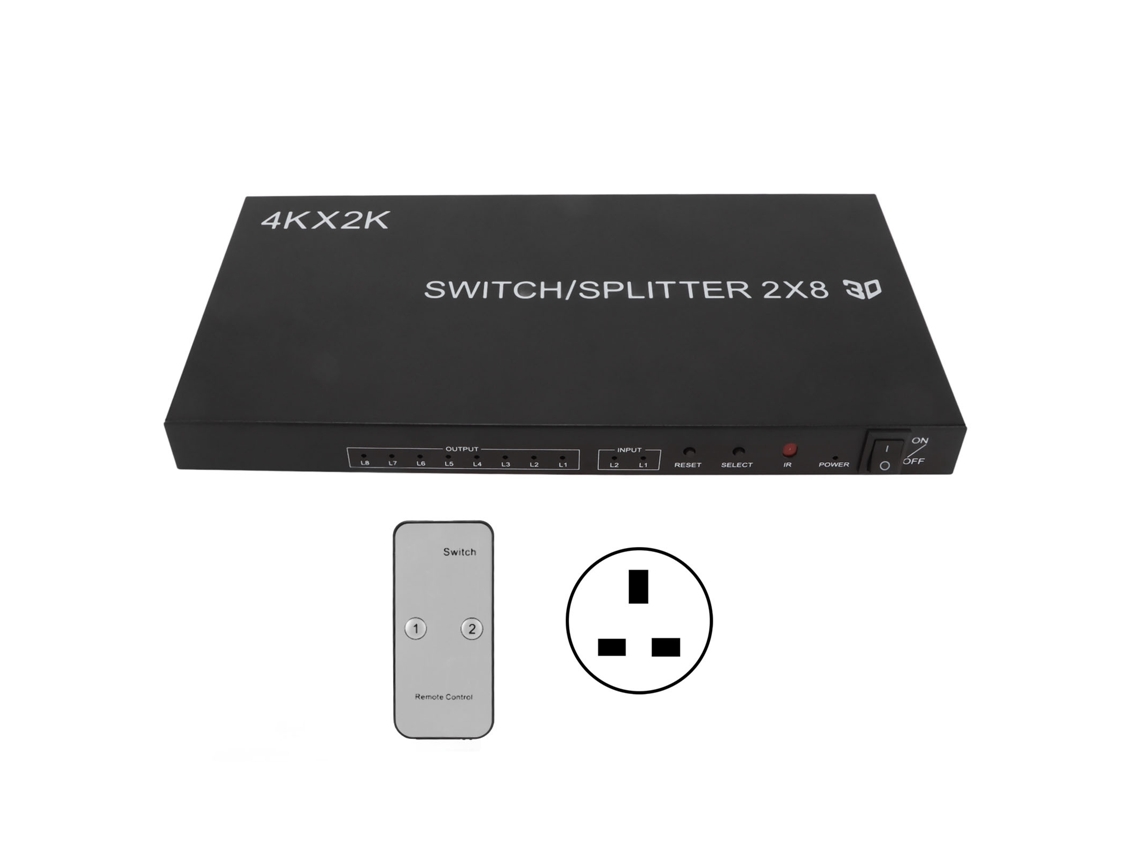 Conmutador De Interfaz Multimedia Hd 2x8 4kx2k Con Control Remoto Ir, Enchufe Británico.