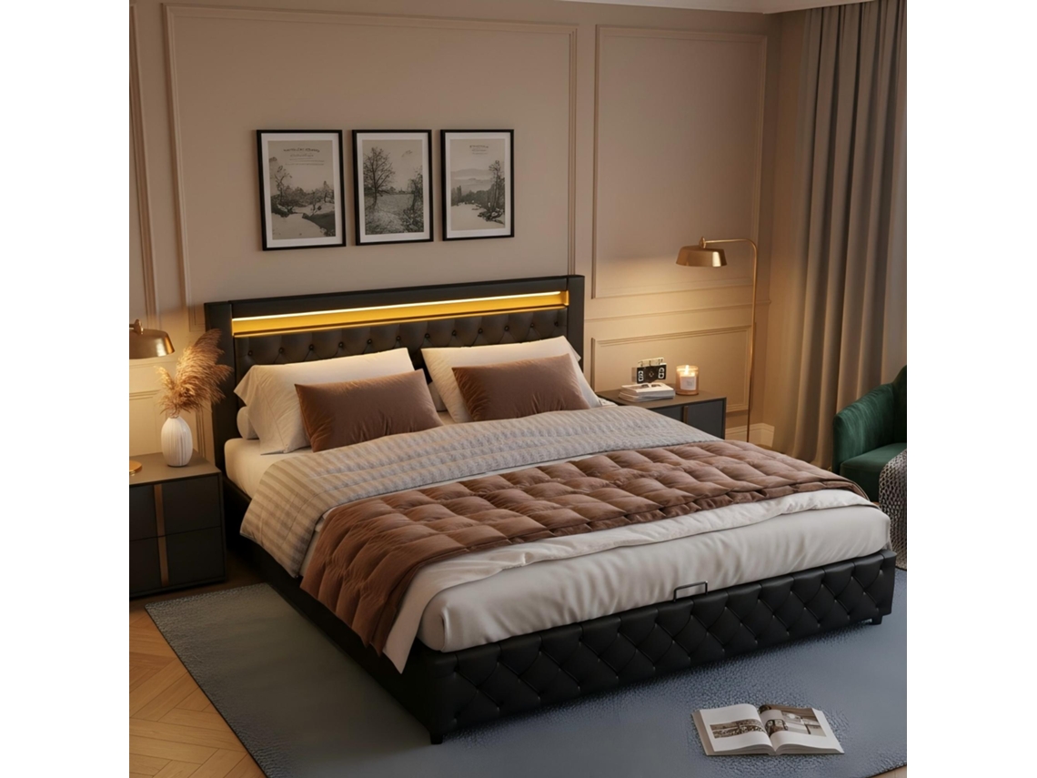 Cama De Poliuretano Negro De 140x190 Cm Con Iluminación Led, Base De Láminas Hidráulicas Y Almacenamiento Moderno.