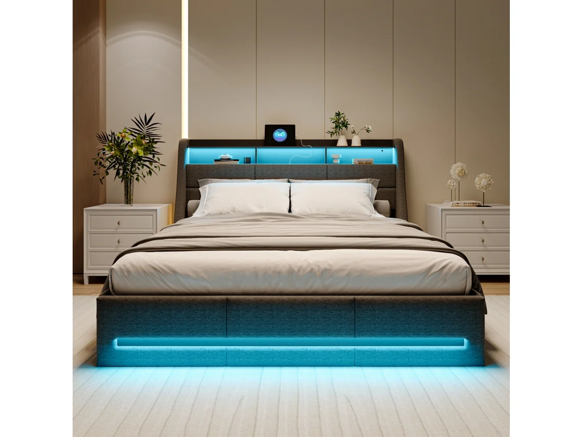 Cama Matrimonial Led 160x200, Almacenaje Hidráulico, Tira Luz Rgb + App, Tela Lona Gris, Enchufe Europeo, Cama Nido Grande Con Luz, Diseño Moderno