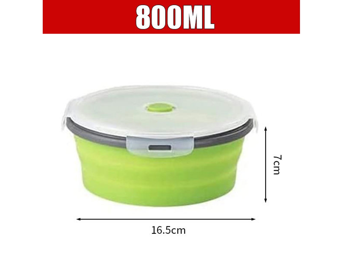 Fiambrera redonda de silicona (verde, 800 ml), plegable con tapa, portátil y apta para microondas.