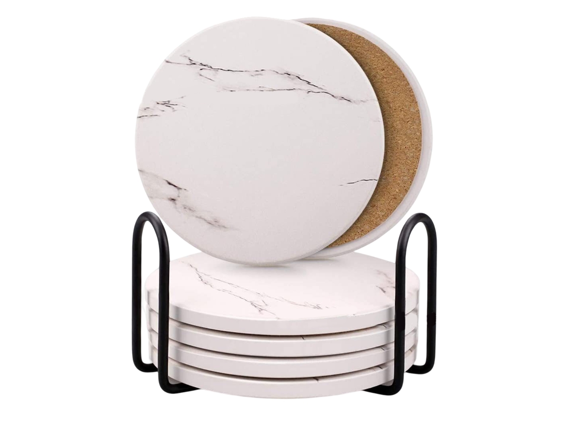 HYMNORA 6 posavasos de cerámica - Estilo mármol con soporte (10 cm)