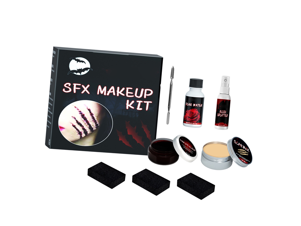 Kit De Maquillaje Halloween Horror Con Cera, Sangre Falsa, Spray Y Esponja Para Escarapelas