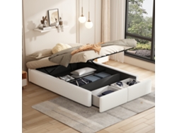 Cama Con Almacenamiento De 140x200 Cm Con Plataforma Hidráulica Y Diseño Sin Cabecero, Cama Con 2 Cajones, Color Blanco.