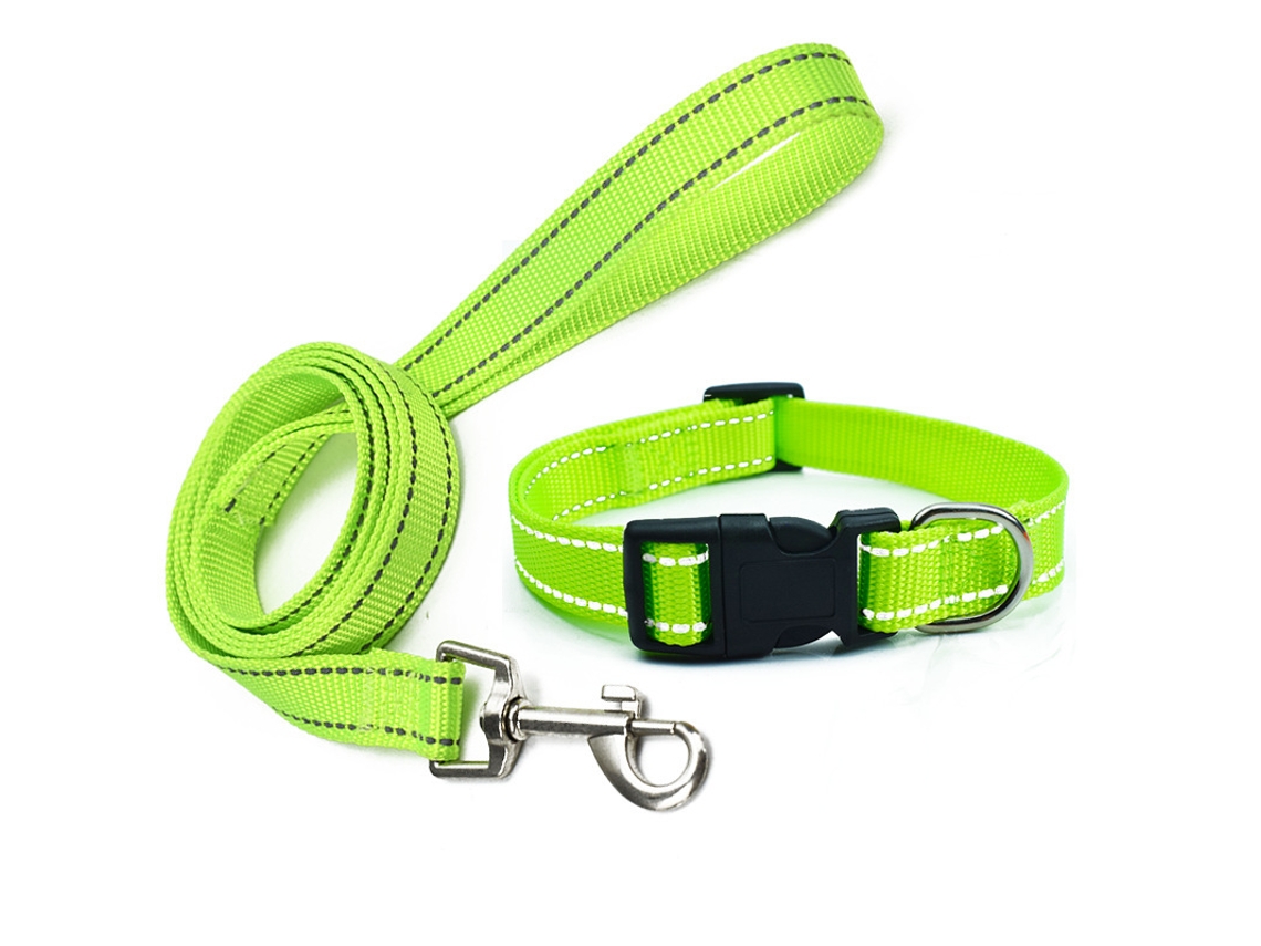 Conjunto Collar + Correa Verde L Reflectante, Regulable, Anti-nudos, Alta Resistencia, Ligero, Ideal Para Perros Grandes
