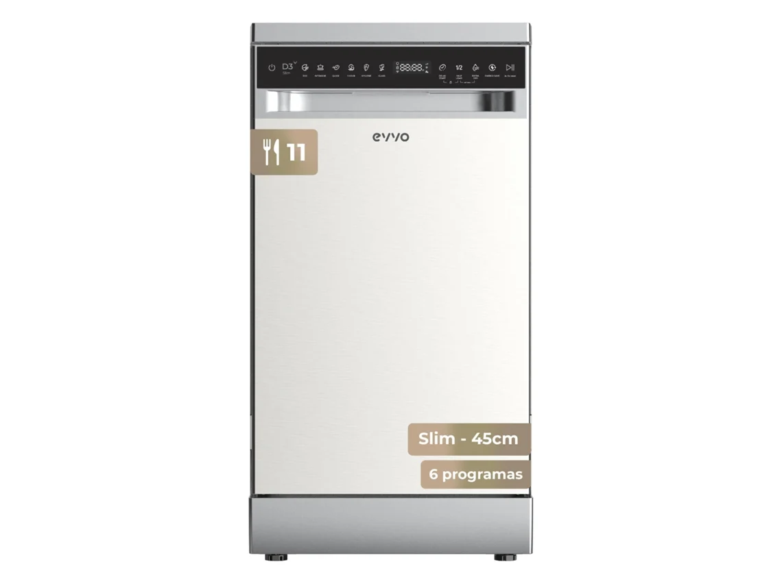 Lavavajillas Evvo D3yx Slim 45cm Instalación gratuita 11 cubitos, 6 programas, panel táctil, acero inoxidable