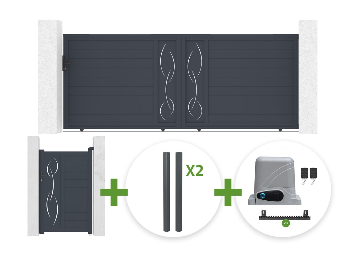 Puerta Corredera 4 M Life Alt. 160 Cm Gris + Puerta Peatonal 1 M Life Alt. 160 Cm Gris + 4 Postes Elda + Motorización Ranger C300
