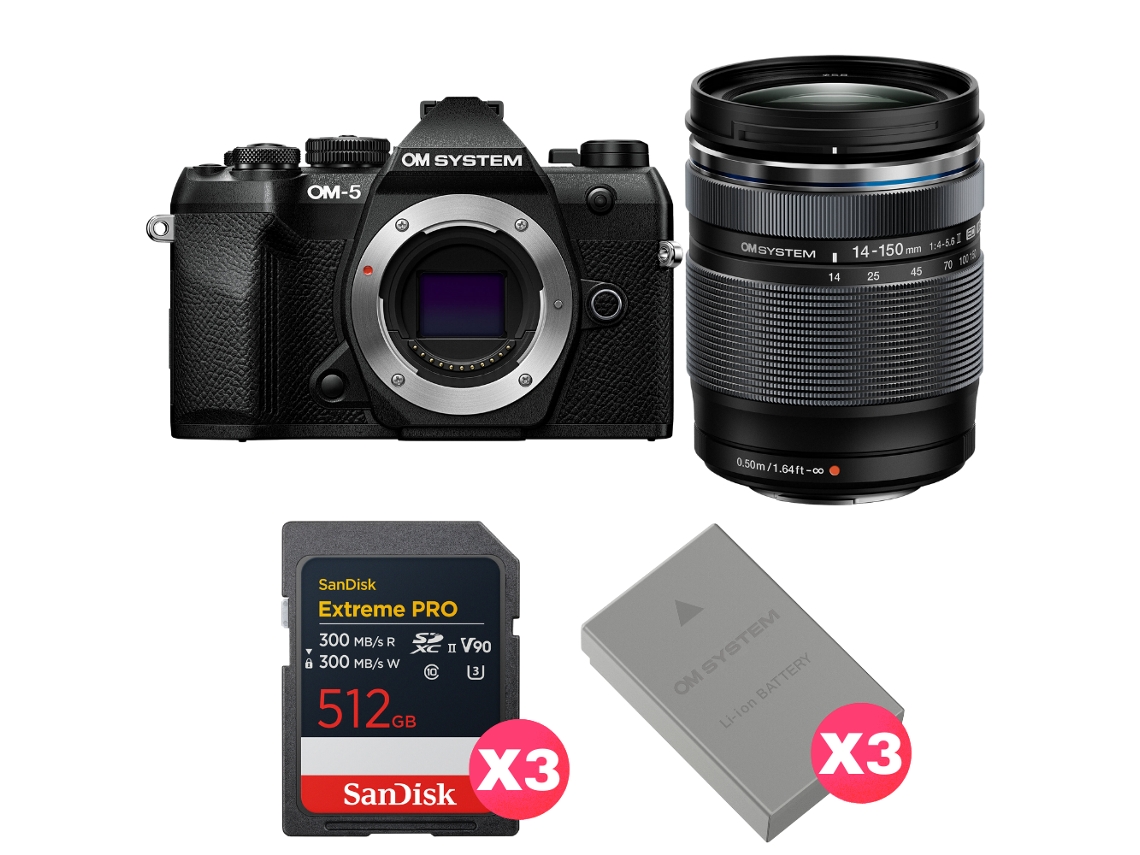 Om System Om-5 Mark Ii Negro + 14-150mm F/4-5.6 Ii + 3 Sandisk 512gb Extreme Pro Uhs-ii Sdxc + 3 Om System Bls-50 + Ebook Pricedirect