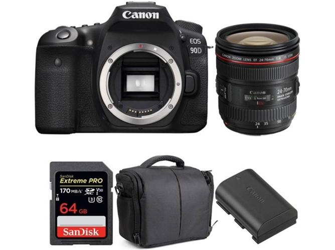 Kit Cámara Réflex CANON EOS 90D + EF 24-70mm f/4L IS USM + SanDisk 64GB + LP-E6N + Bolsa