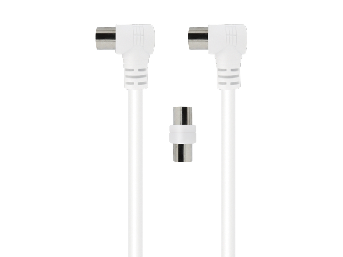 Force Power Cable coaxial TV 9.52mm acodado Macho/Macho 5m con Adaptador Macho/Macho Blanco