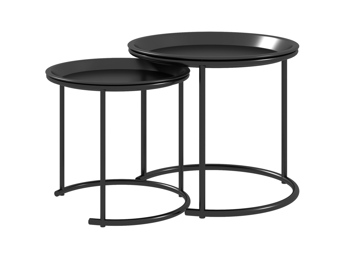 Juego De 2 Mesas De Centro Redondas Apilables Con Tableros Extraíbles, Estilo Industrial, Fabricadas En Acero, Ø 43 Y Ø 35 Cm, Color Negro.