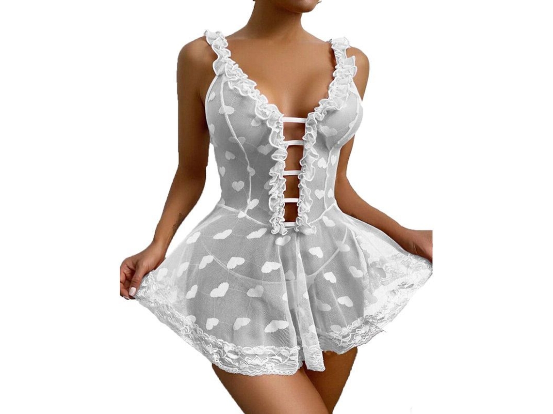 Lencería Sexy De Encaje Para Mujer Babydoll Tanga Pijama Noche Xl Blanco Xl Blanco