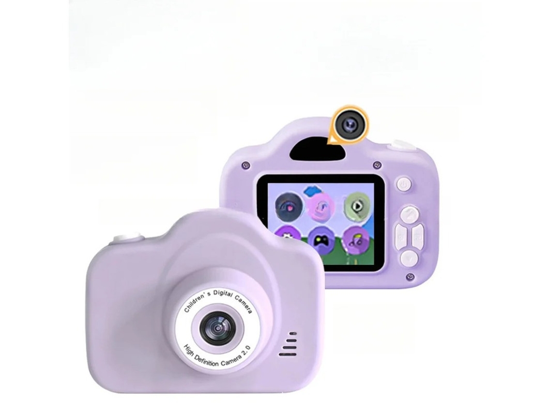 Cámara para niños 1080p HD con doble cámara y enfoque automático, color morado.