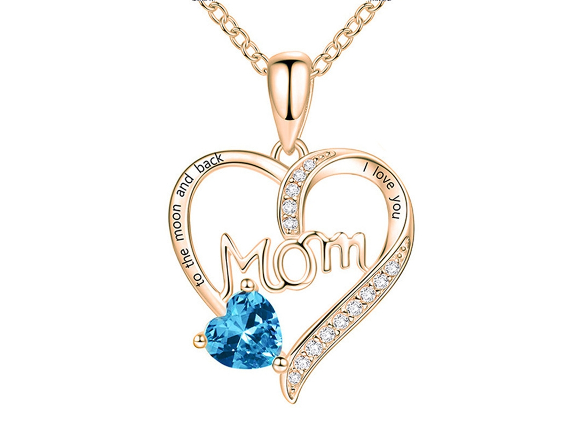 El Collar Con Colgante De Corazón "mamá" En Oro Rosa Está Adornado Con Piedras Azules Y Circonitas Cúbicas, Lo Que Lo Convierte En El Regalo