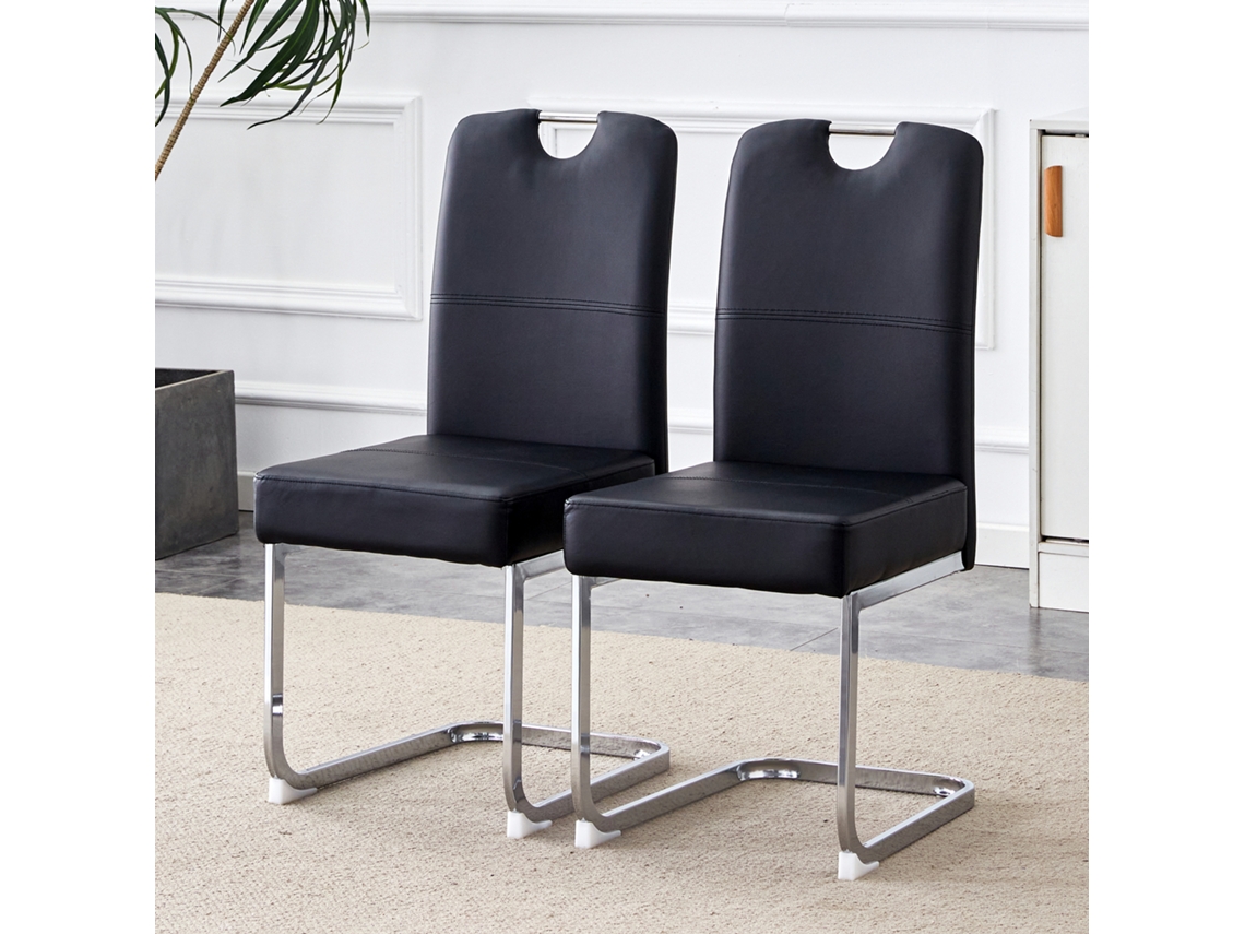 Conjunto de dos sillas de comedor robustas de color negro con sistema de muelles integrado y diseño ergonómico.