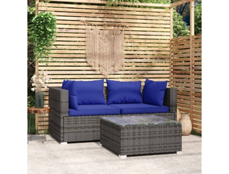 Conjunto 3 de muebles de jardín VIDAXL y cojines ratán sintético gris