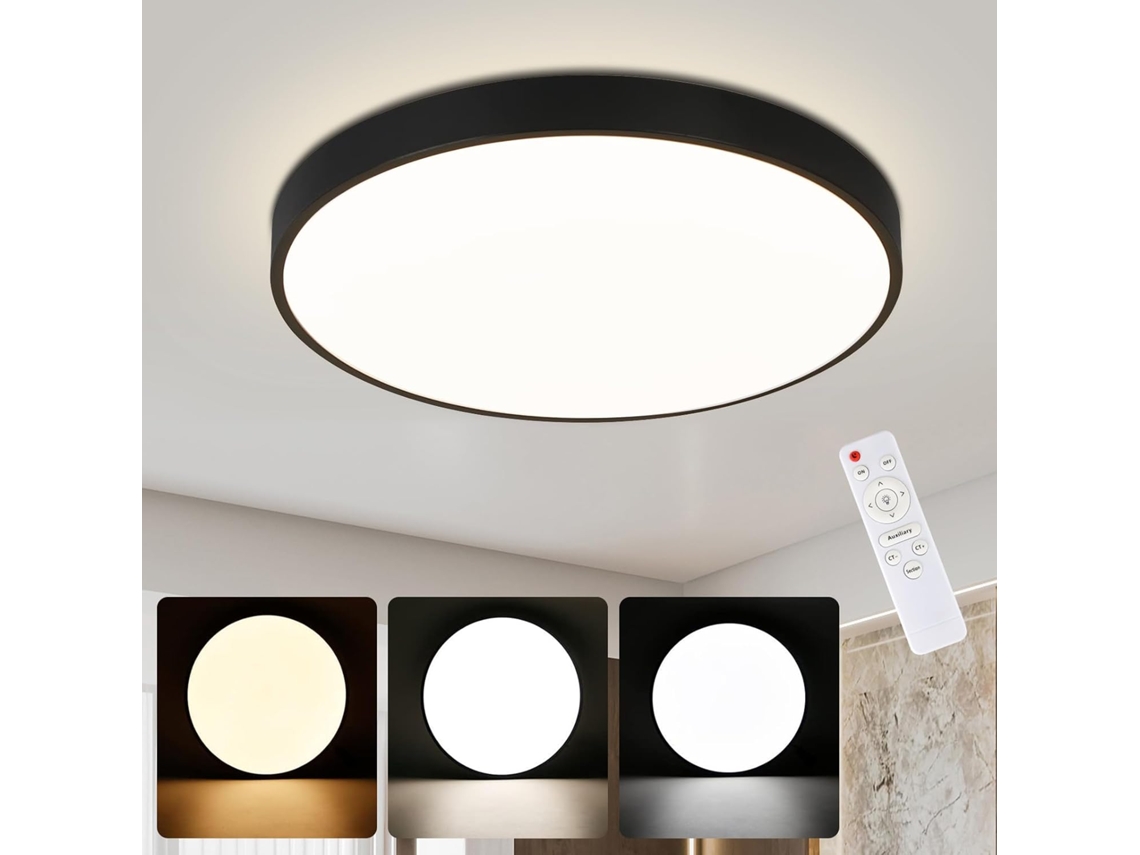 Lámpara de techo LED regulable con mando a distancia, 36 W, color negro, para baño, IP44, resistente al agua, plana, redonda de 37 cm, ZMH