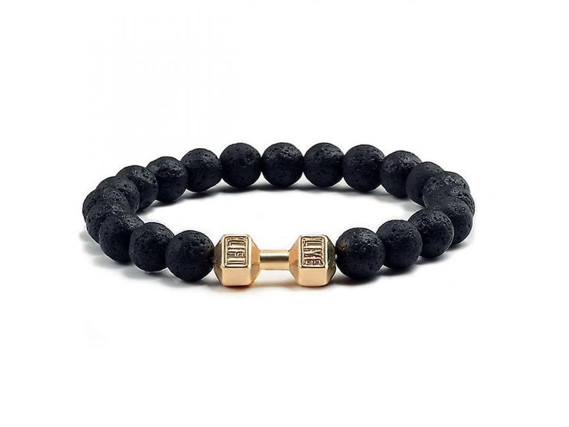 Pulsera con forma de mancuerna de piedra volcánica negra natural mate 2026 para hombres y mujeres, joyería deportiva, barra, lava negra y dorada