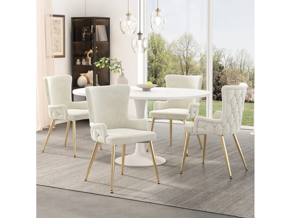 Juego De 4 Sillas De Terciopelo Beige Con Patas Doradas - Lujo