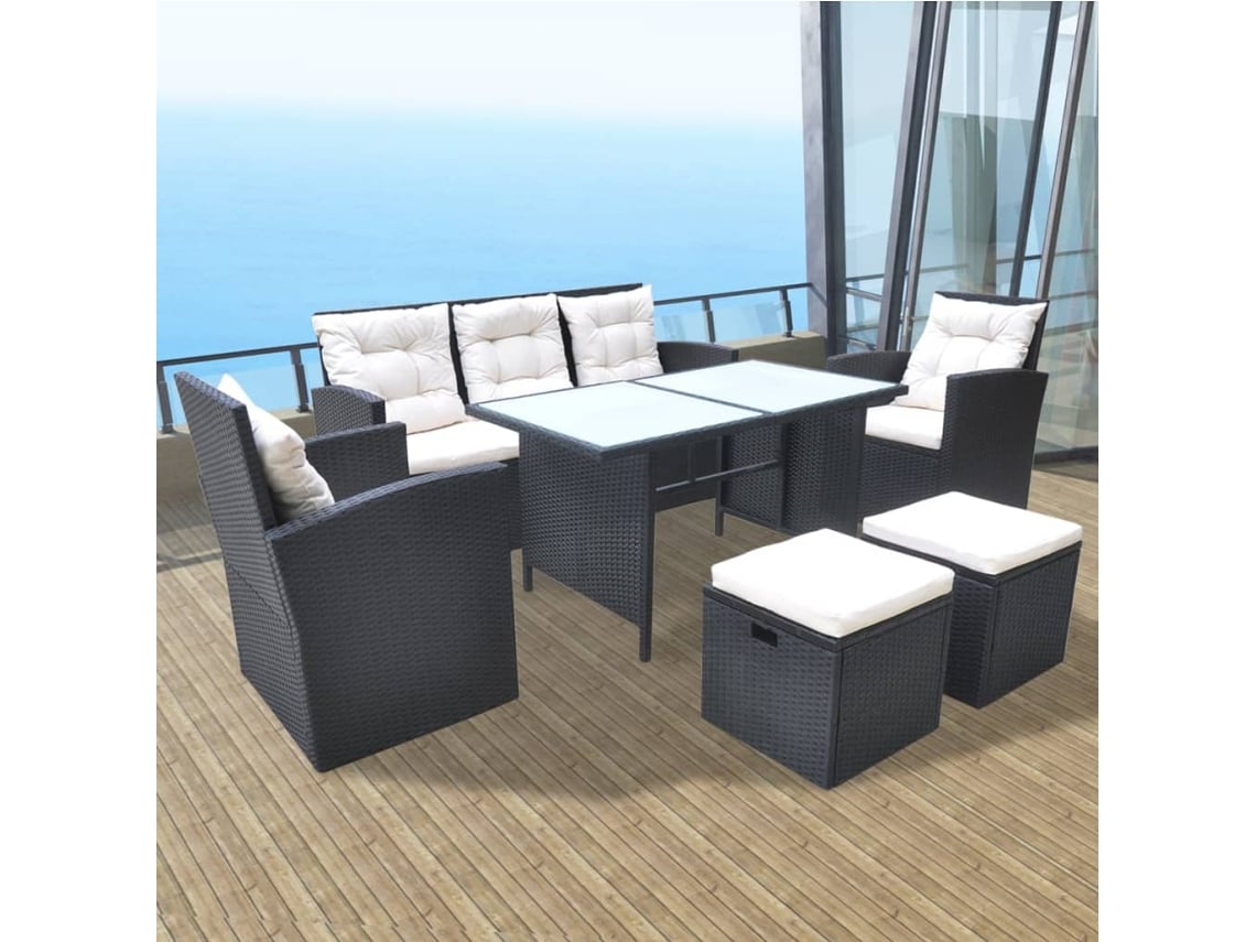 Juego de comedor de exterior de 6 piezas DKD Home Decor con cojines de mimbre negros